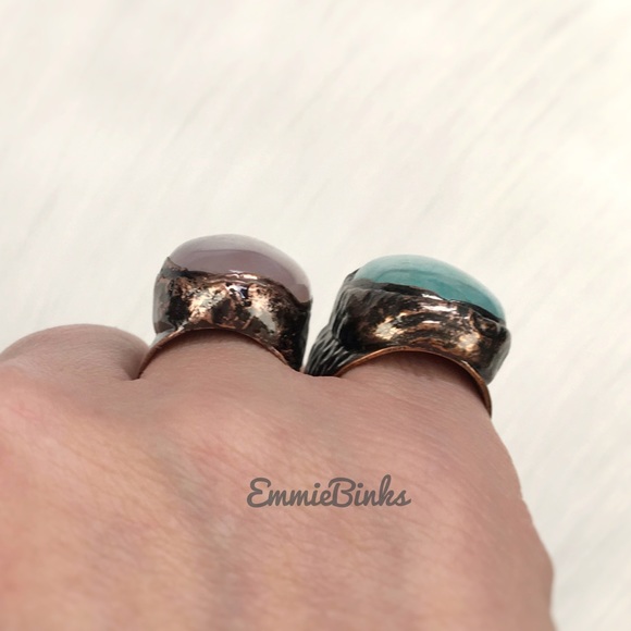 New Natural Rose Quartz & Textured Copper Statement Cocktail Ring - Picture 12 of 16